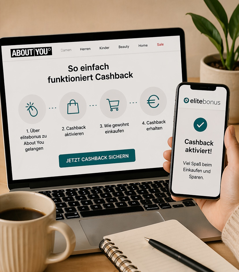Cashback Anleitung online Einkauf mit Laptop und Smartphone Geld sparen