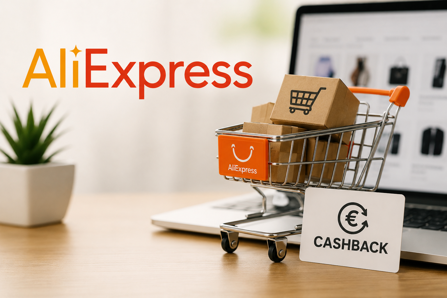 aliexpress-cashback-online-shopping AliExpress Cashback beim Online Shopping mit Einkaufswagen und Laptop